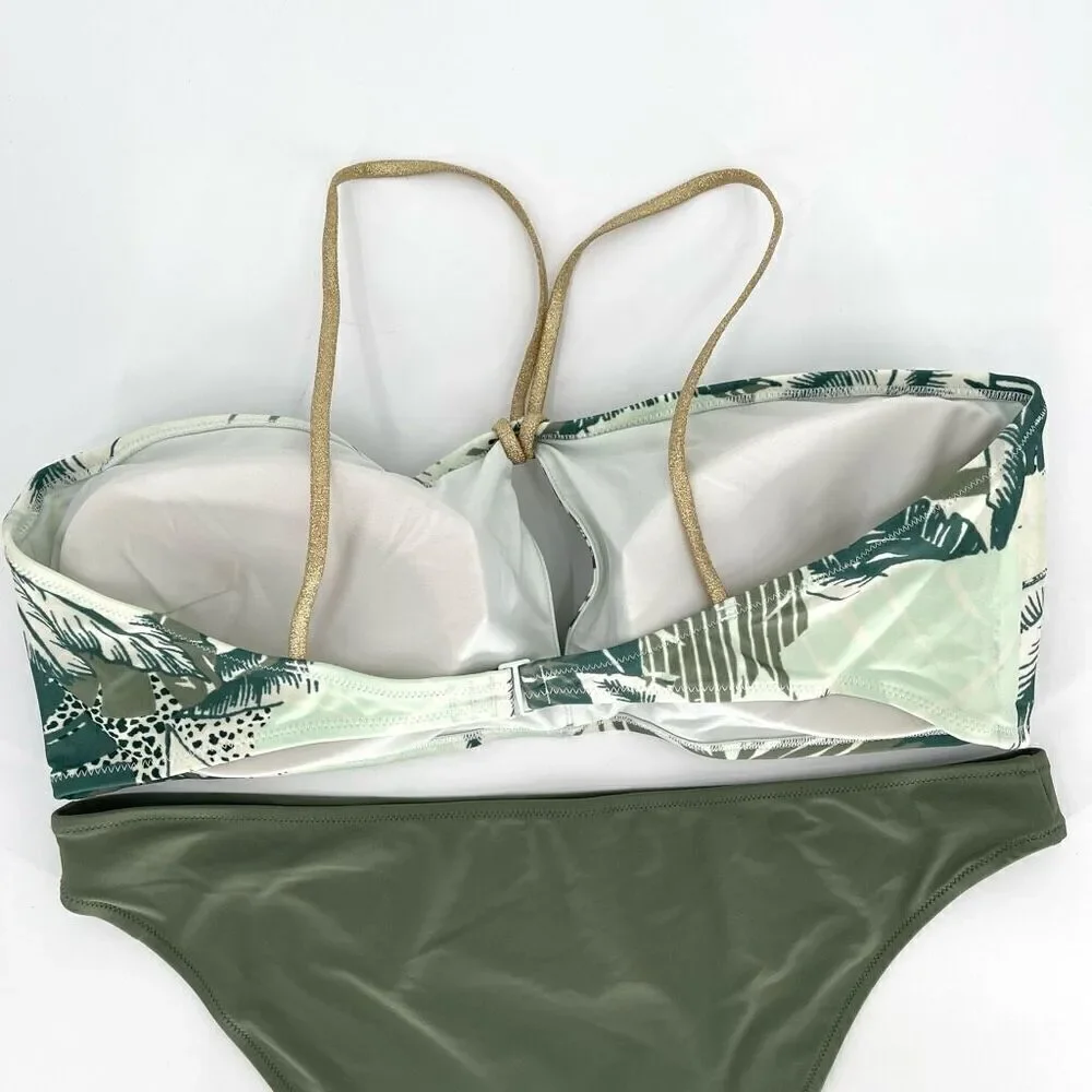 Aerie Keyhole Bandeau Top Cheeky Bottom Swimsuit Set Green Tropical‎ Print XXL